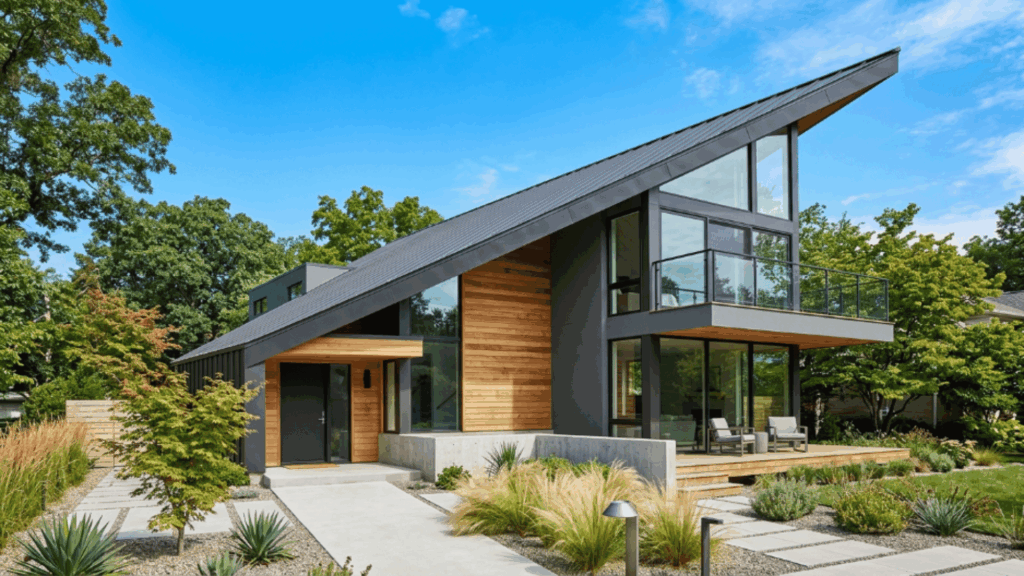 modern house with slanted roofline that adds movement and architectural interest while maintaining a minimal contemporary design
