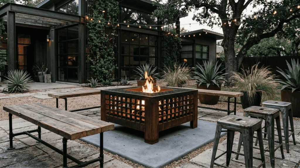 modern industrial backyard fire pit square steel bench seating minimalist patio xeriscape design
