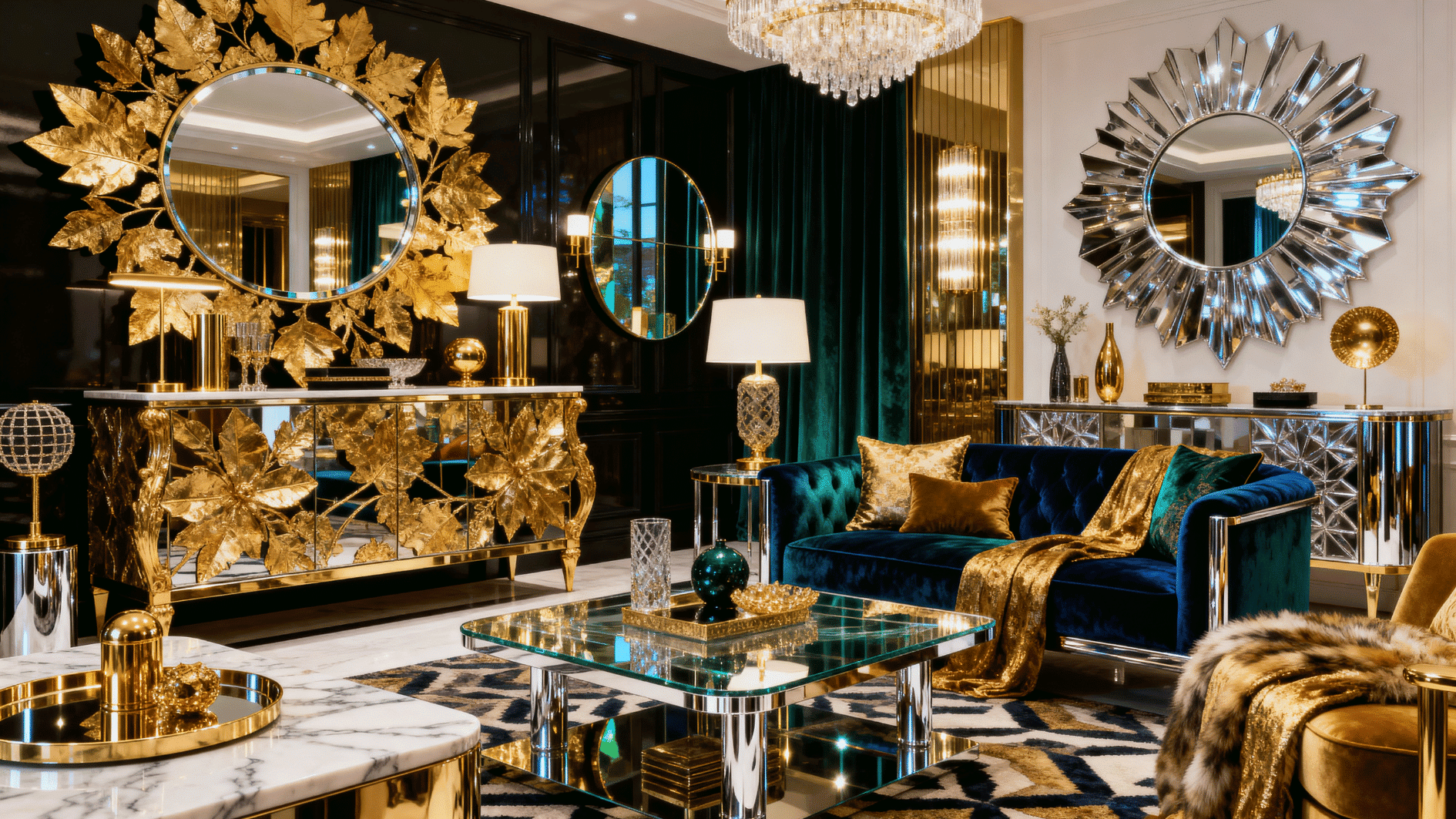 modern interior mixing metals like gold, brass and chrome, reflective accents, sophisticated layered design