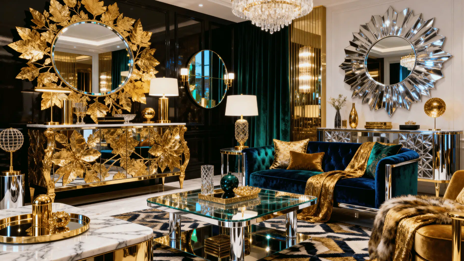 modern interior mixing metals like gold, brass and chrome, reflective accents, sophisticated layered design