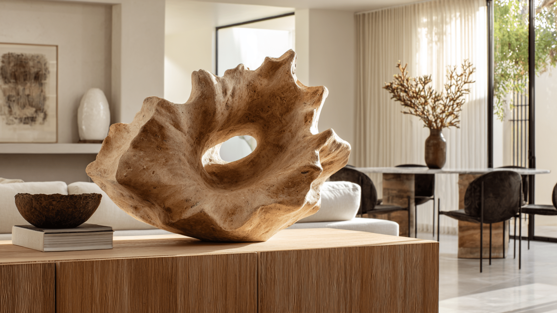 modern interior with sculptural wooden decor on table dining area in background neutral tones and large windows with soft lighting