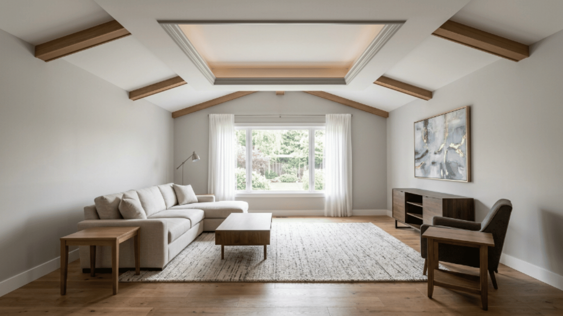 modern interior with tray ceiling combined with vaulted ceiling