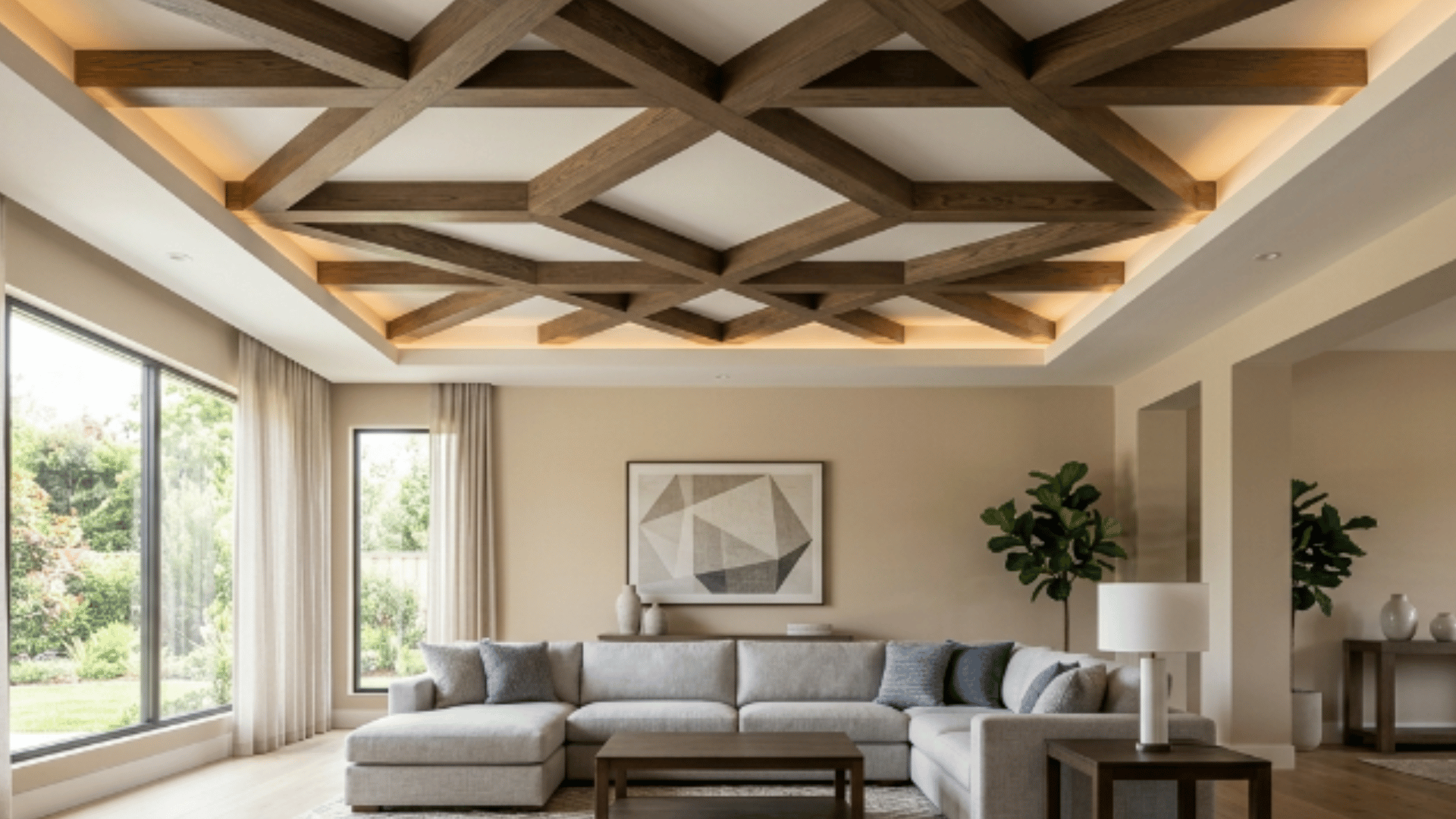 modern interior with tray ceiling featuring geometric beam pattern fully visible with structured ceiling design