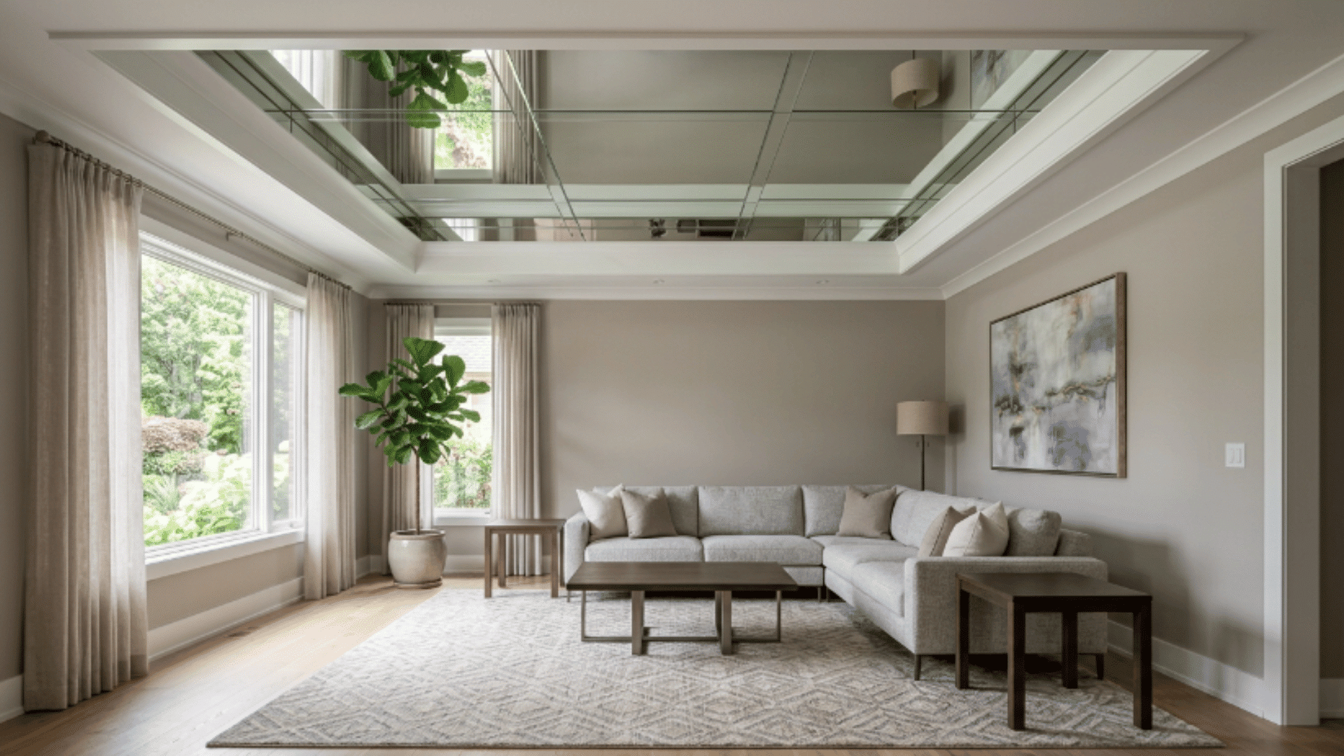 modern interior with tray ceiling featuring mirror panels creating soft reflection and added depth in the space