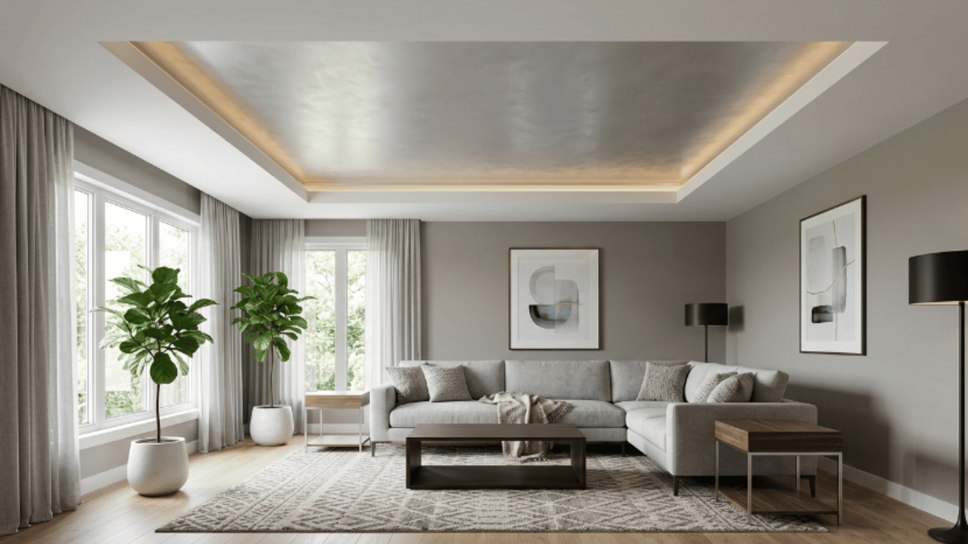 modern interior with tray ceiling featuring a silver-toned recessed center creating a clean design