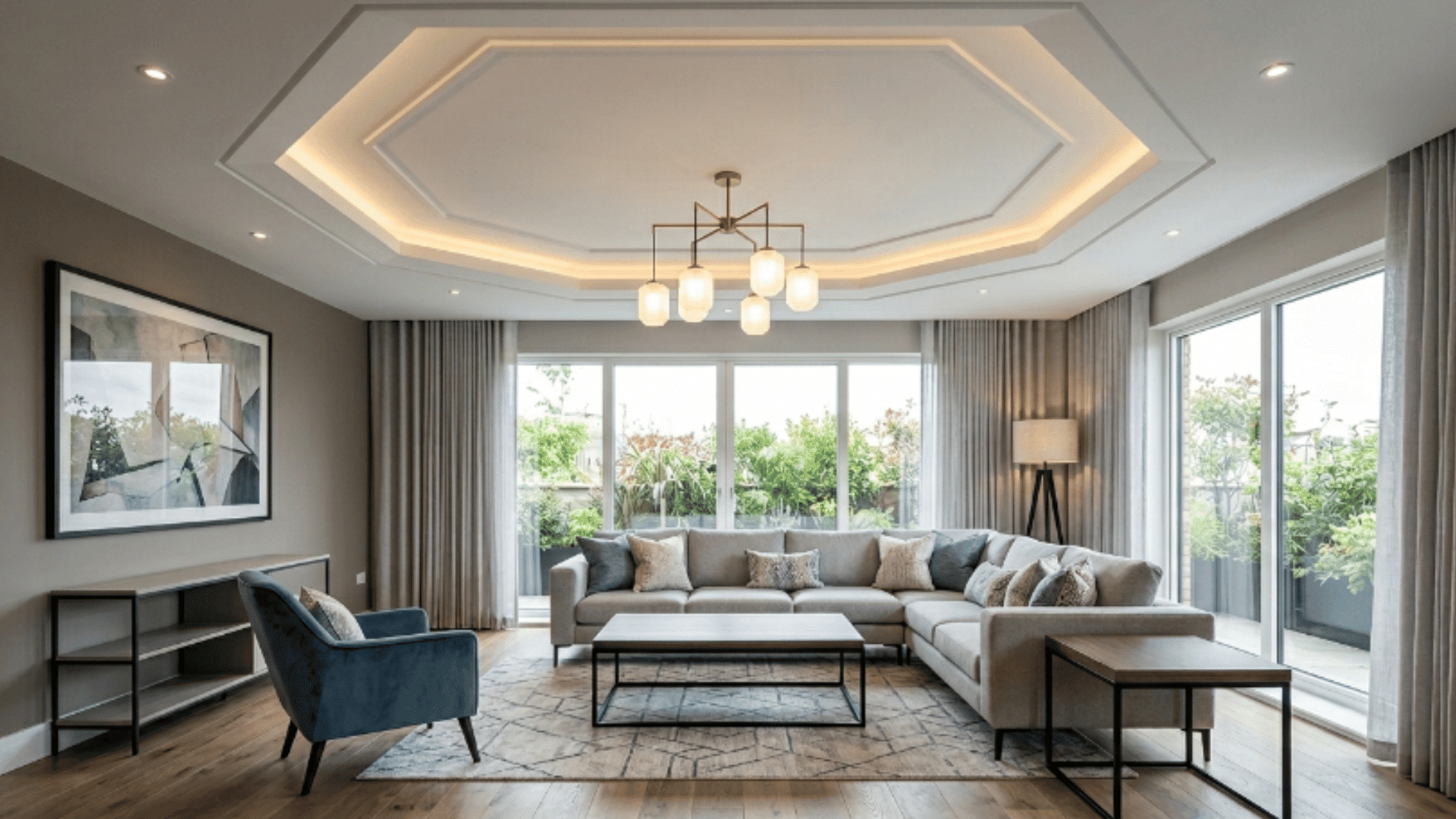modern interior with tray ceiling featuring a hexagonal recessed design creating a clean geometric ceiling pattern