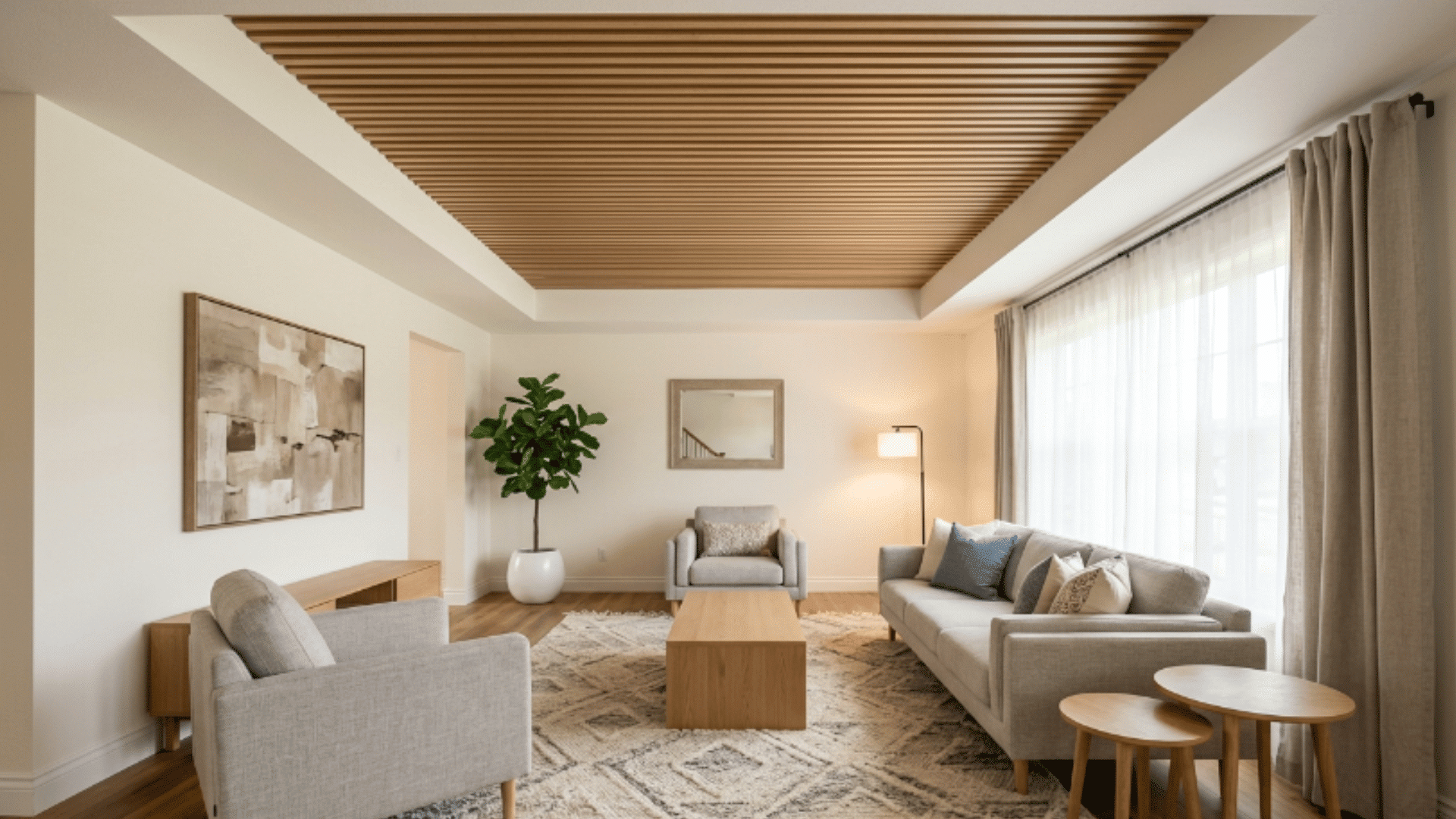 modern interior with tray ceiling featuring evenly spaced wood slats creating an open and textured ceiling design