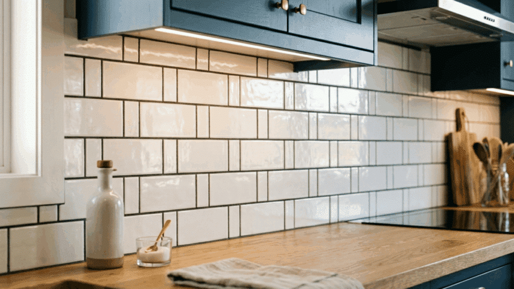 modern kitchen backsplash with white subway tiles in offset pattern, dark grout, wooden countertop, and dark cabinets