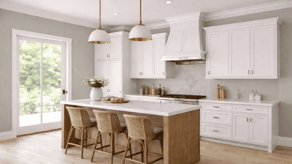 modern kitchen in escape gray with white cabinets, oak island, and natural light