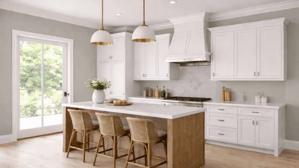 modern kitchen in escape gray with white cabinets, oak island, and natural light