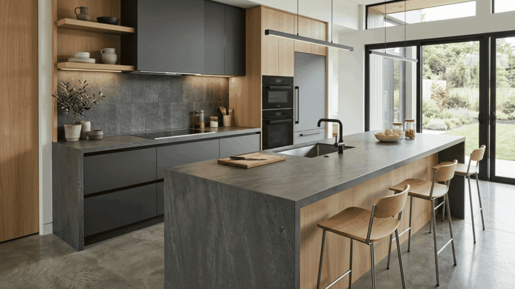 modern kitchen with Dekton countertop, ultra-smooth surface, durable material, and sleek contemporary style
