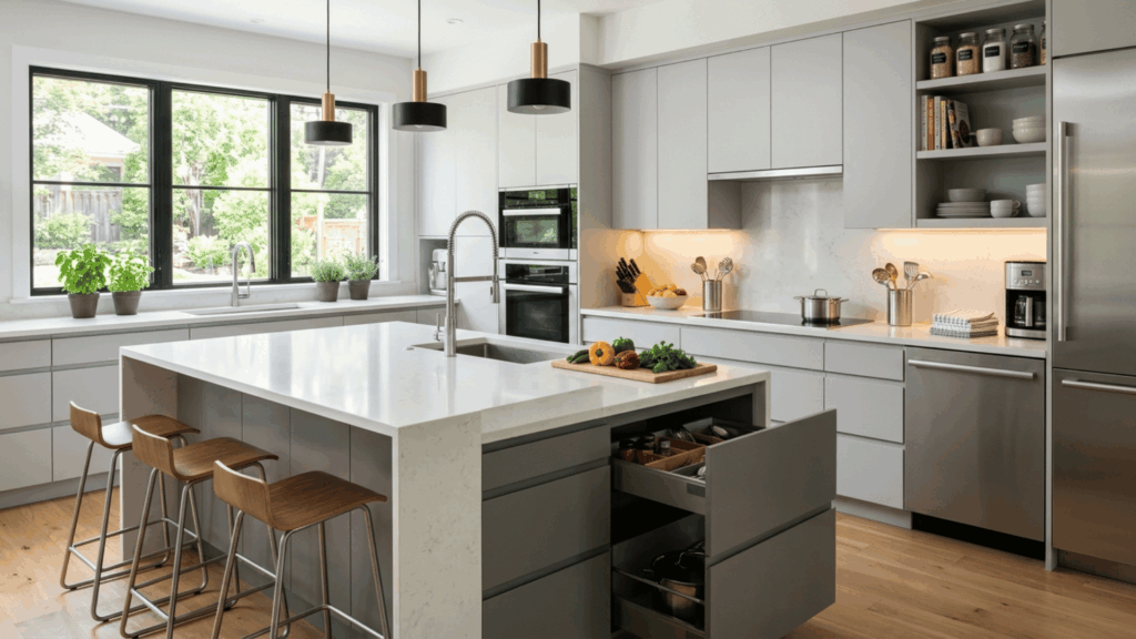 modern kitchen with island, sleek cabinets, built-in appliances, organized storage, and bright natural lighting (1)