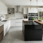 modern kitchen with mixed countertops including marble and dark stone island, wooden accents, pendant lighting, and large glass doors for natural light