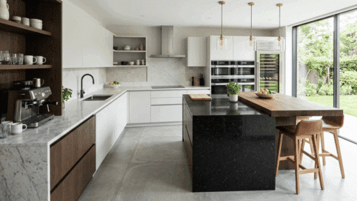 modern kitchen with mixed countertops including marble and dark stone island, wooden accents, pendant lighting, and large glass doors for natural light