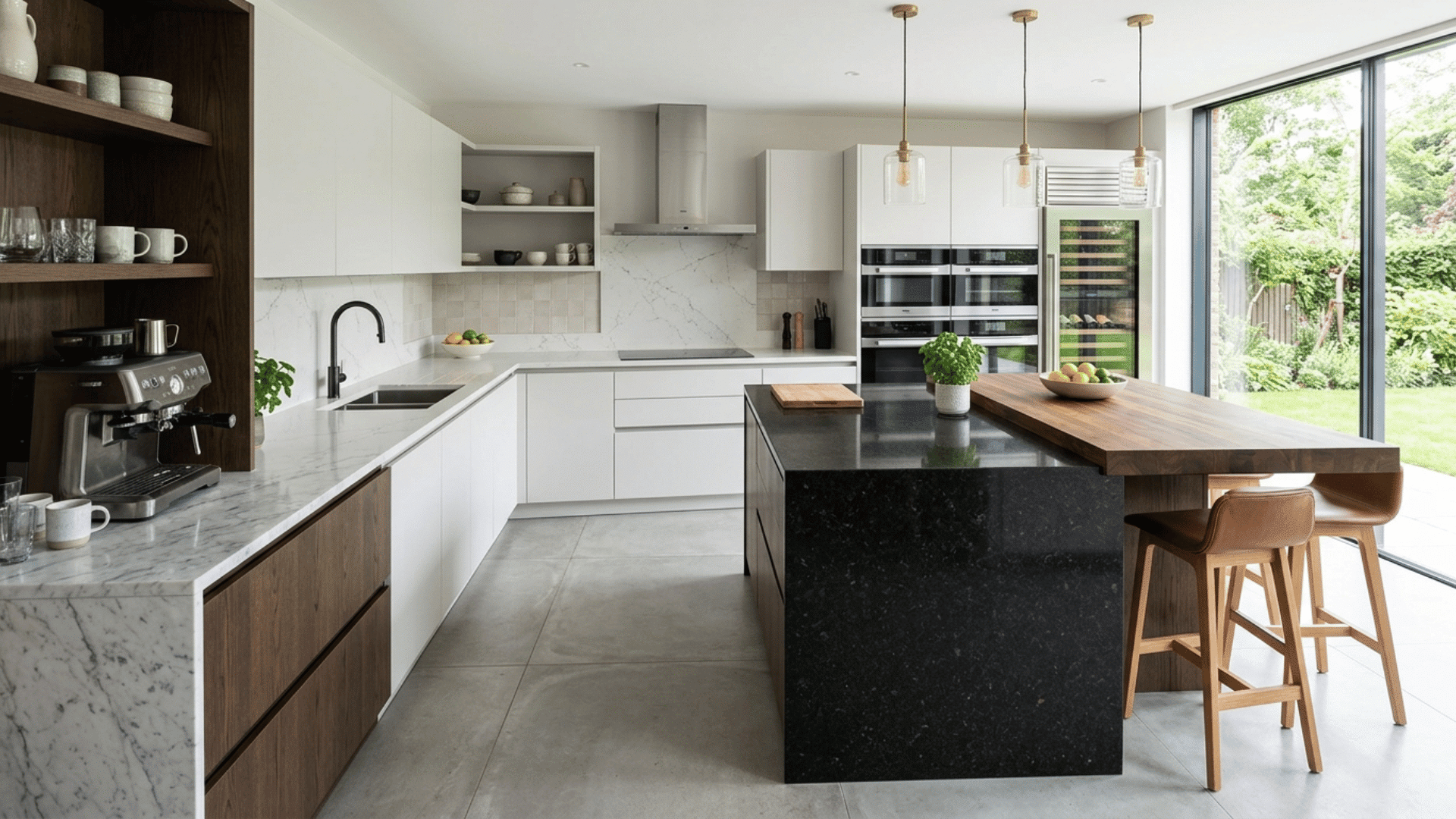 modern kitchen with mixed countertops including marble and dark stone island, wooden accents, pendant lighting, and large glass doors for natural light