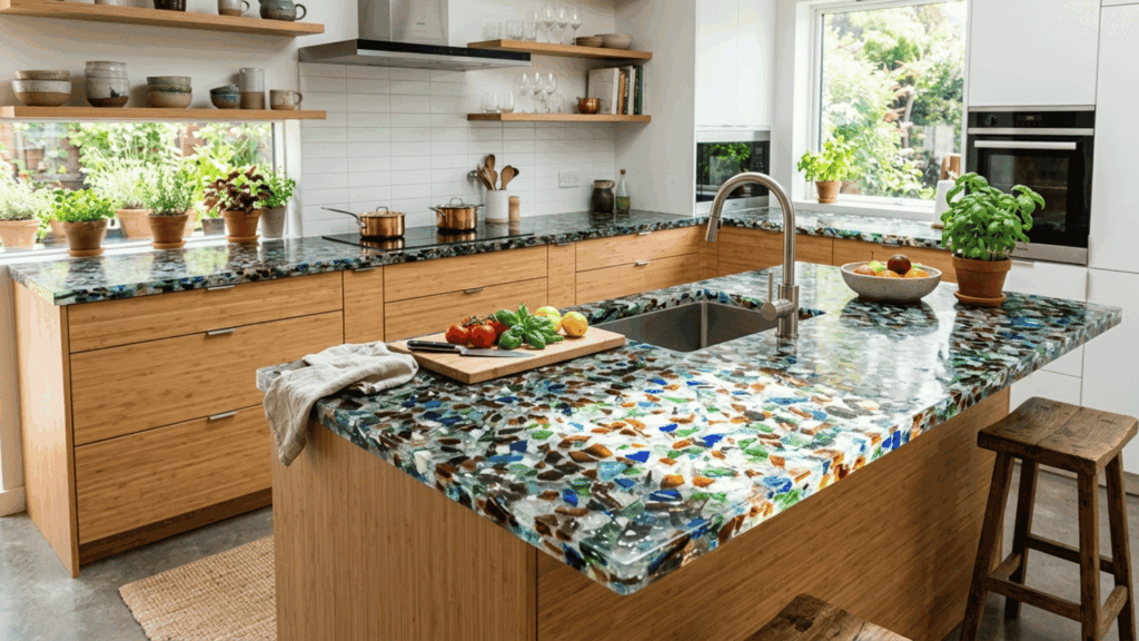 modern kitchen with recycled glass countertop, embedded glass pieces, eco-friendly design, and unique texture