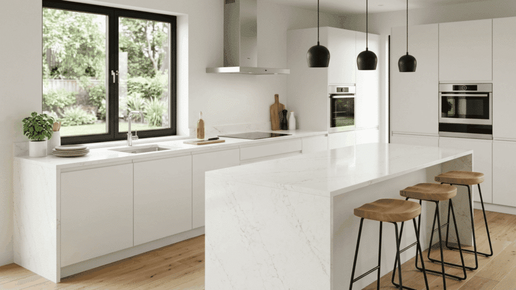 modern kitchen with white quartz countertop, sleek cabinets, island seating, and natural light creating a clean minimalist look
