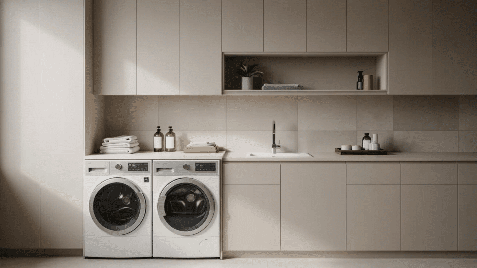 modern laundry room with clean cabinets, washer and dryer, sink, and neatly arranged essentials