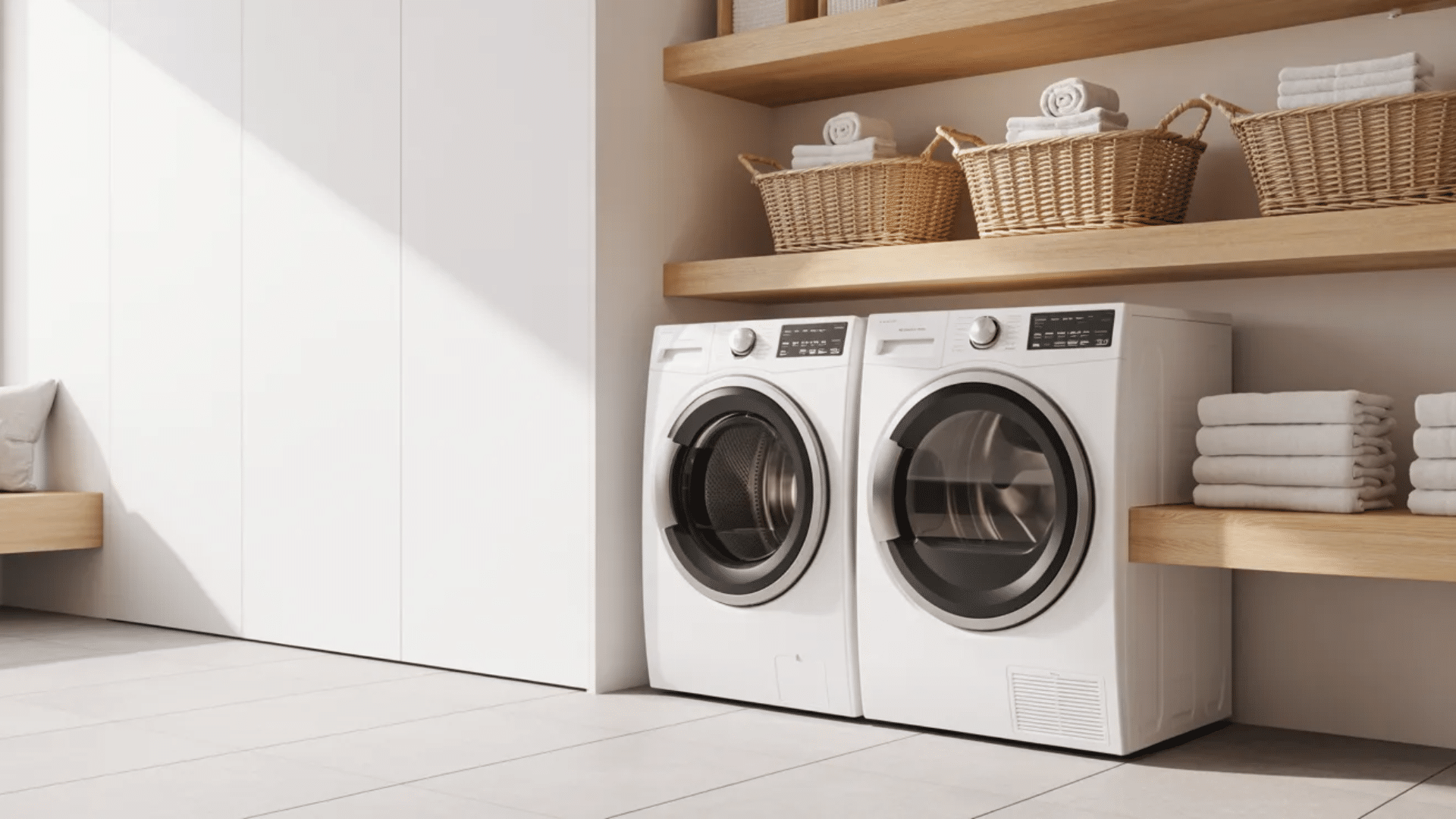 modern laundry room with full washer and dryer, wooden shelves, baskets, and a clean airy design