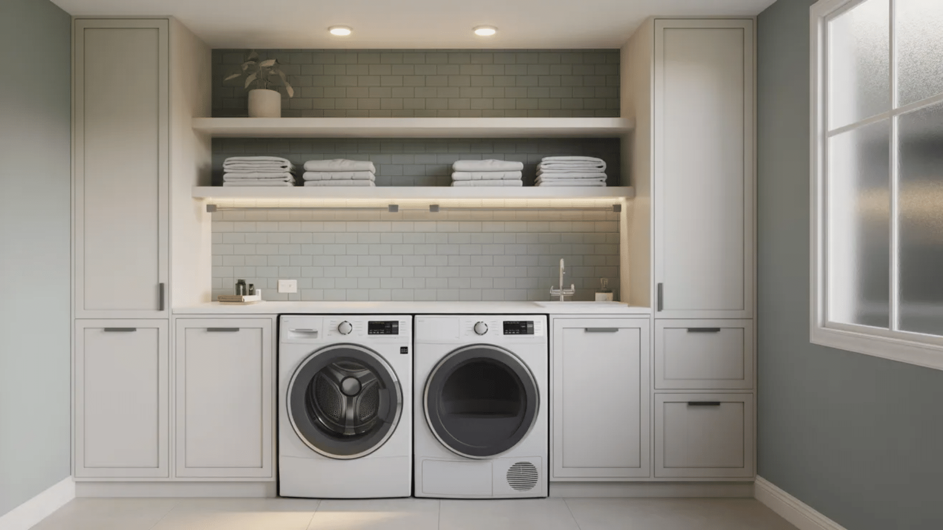 modern laundry room with neutral cabinets, matte black handles, washer and dryer, and clean minimal design