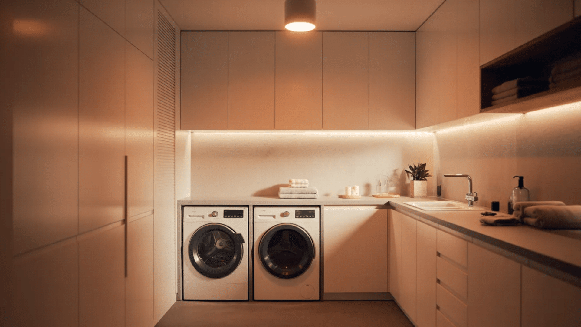 modern laundry room with warm lighting, cabinets, washer and dryer, and a cozy clean design