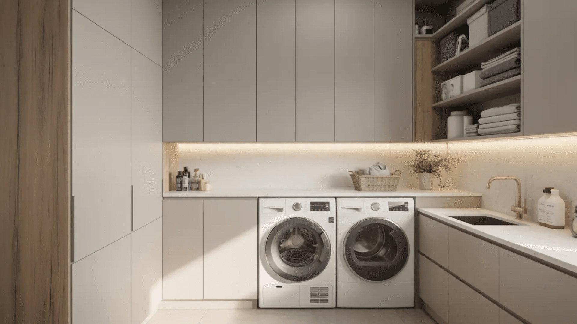 modern laundry room with washer, dryer, and cabinets