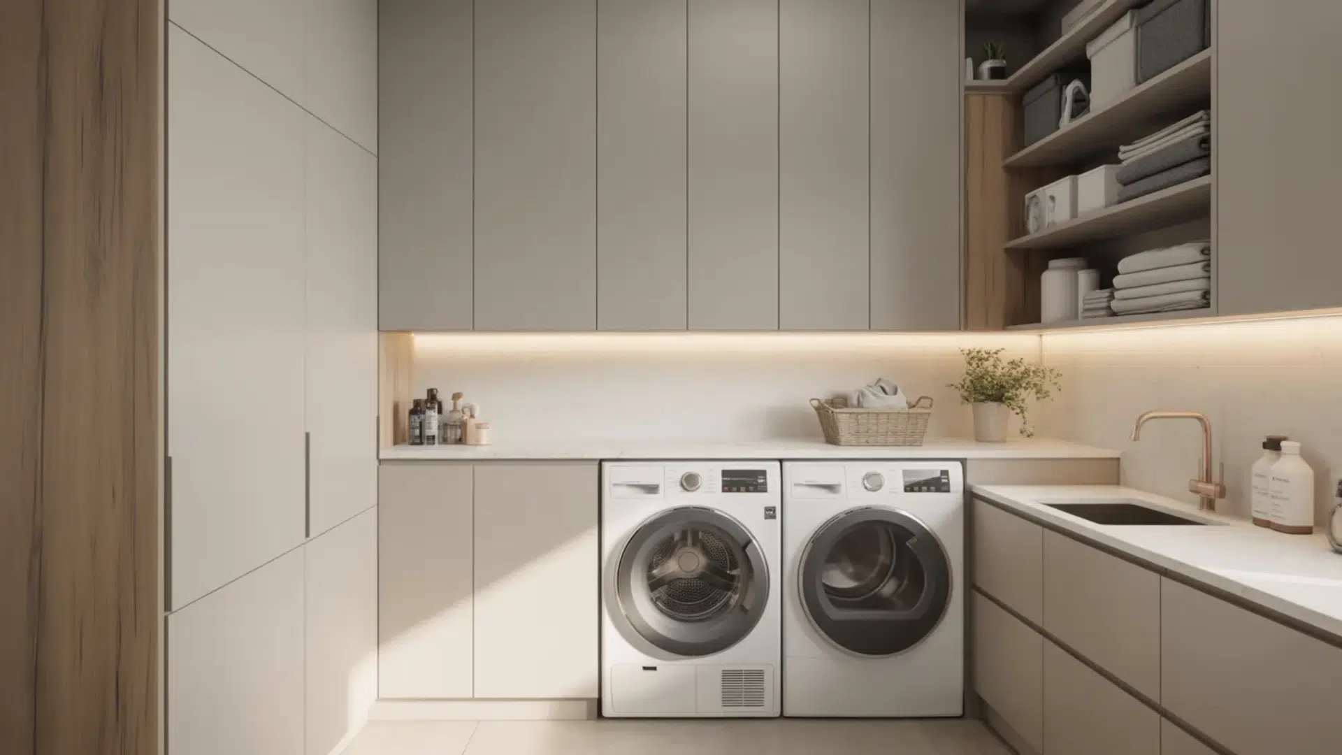 modern laundry room with washer, dryer, and cabinets