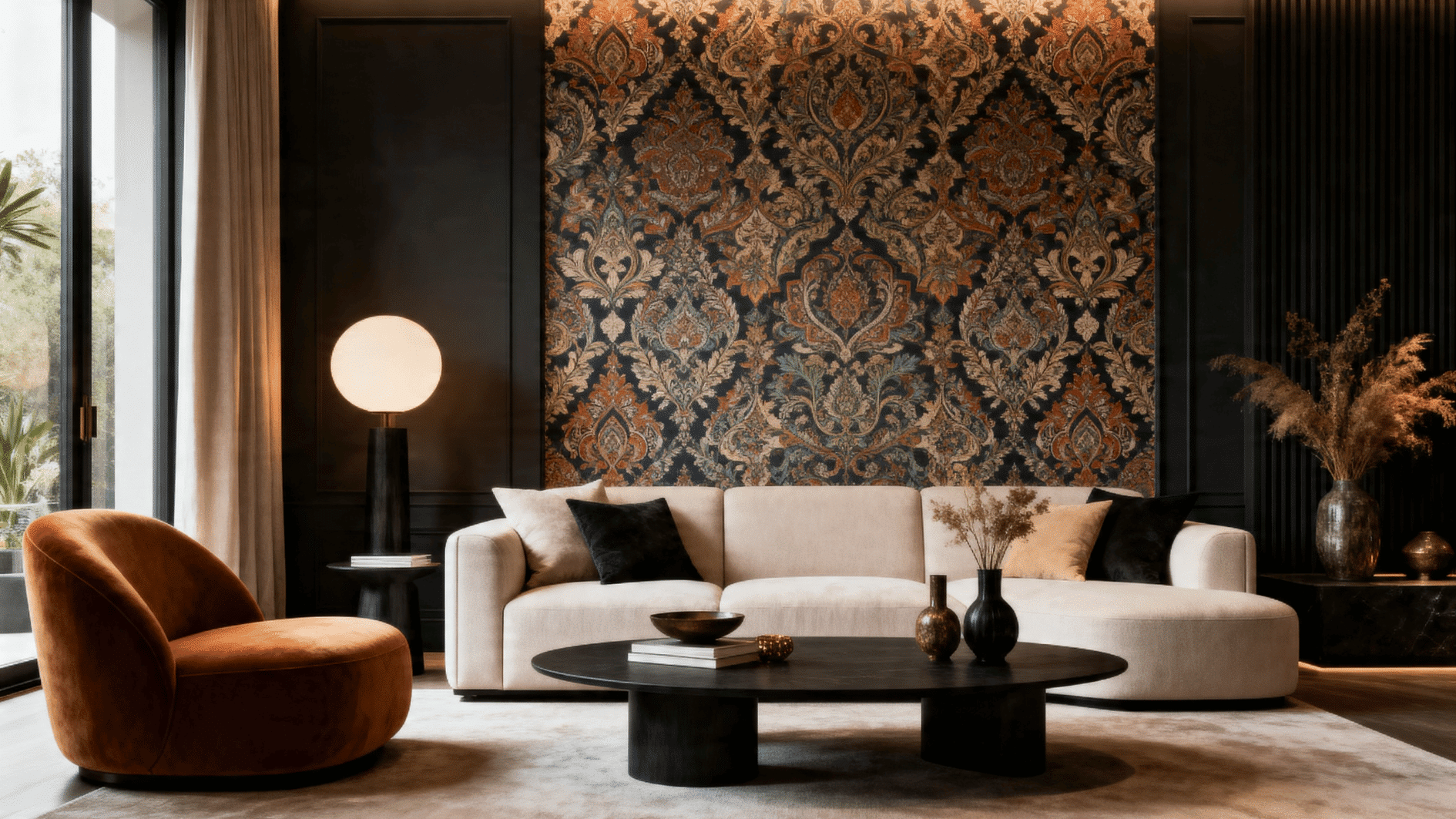 modern living room featuring intricate patterned wallpaper as a focal wall, minimal furniture, soft lighting