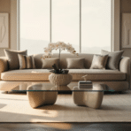 modern living room with a beige sofa, glass coffee table, and decorative accents in soft natural light