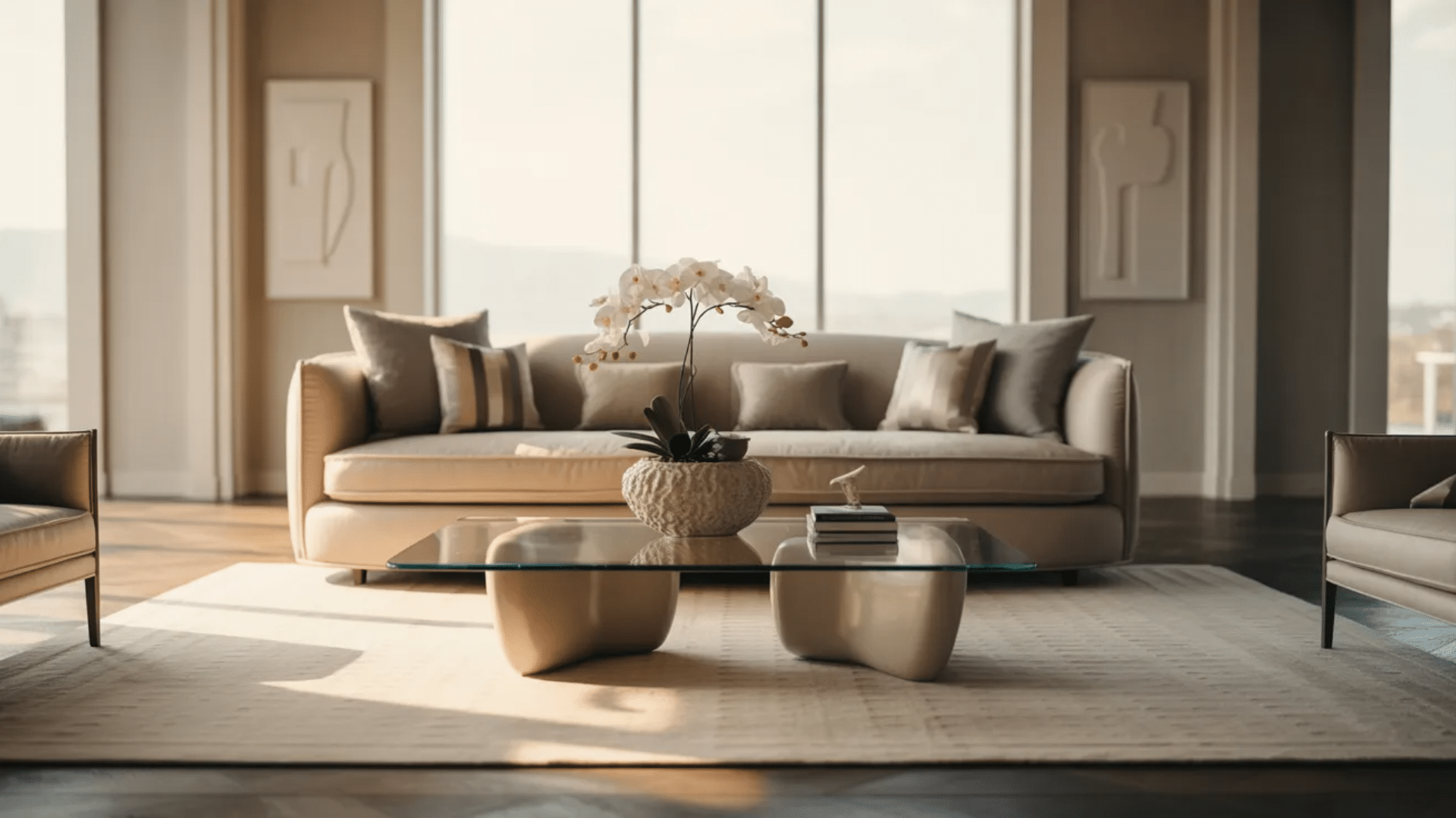 modern living room with a beige sofa, glass coffee table, and decorative accents in soft natural light
