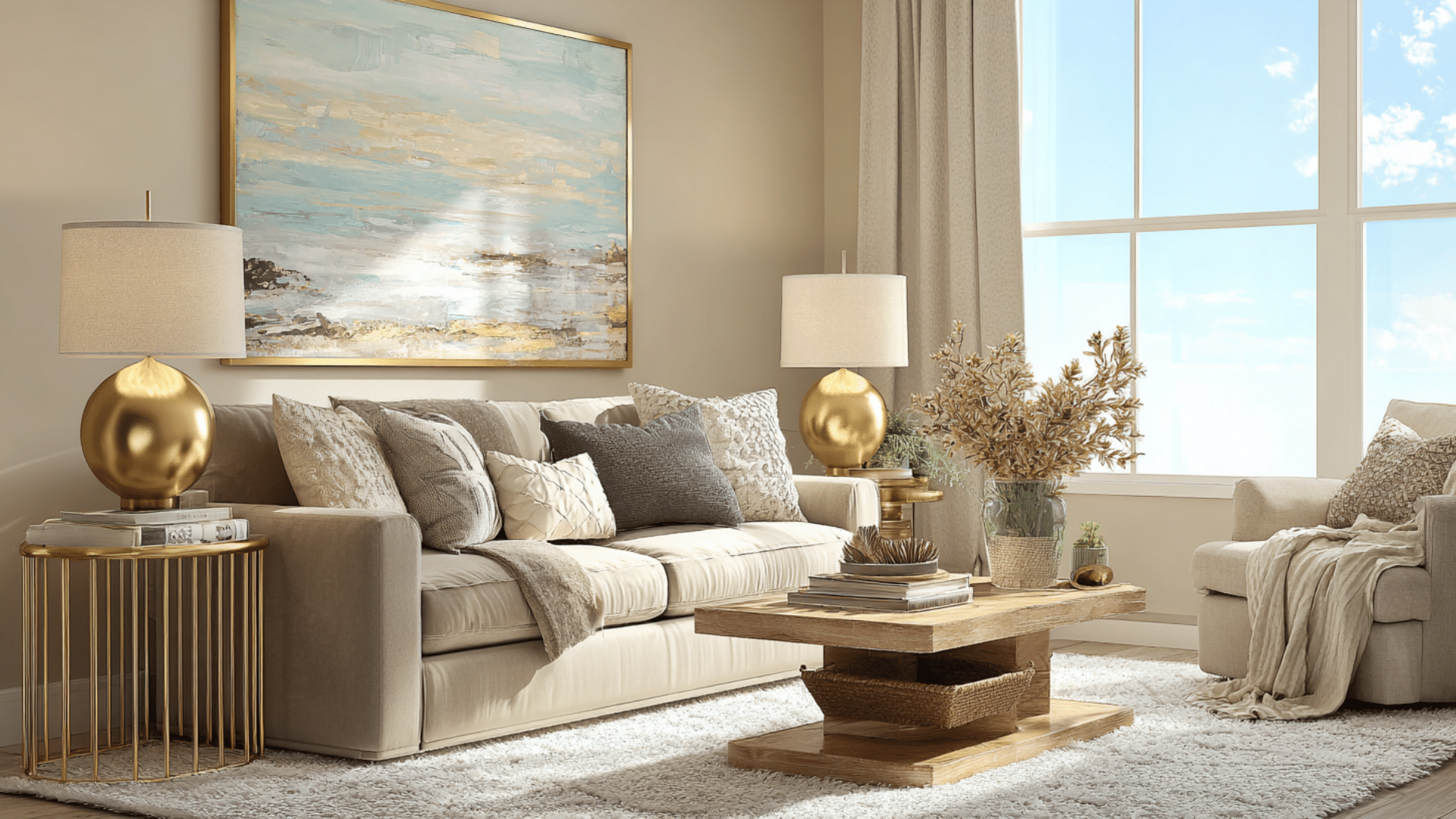 modern living room with beige sofa gold lamps wooden table neutral decor large window and framed abstract coastal artwork on wall