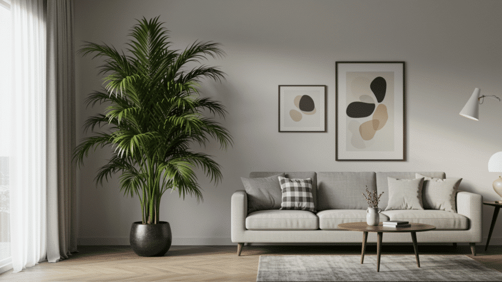 modern living room with large potted palm, neutral sofa, wall art, coffee table, and soft indoor lighting creating calm atmosphere