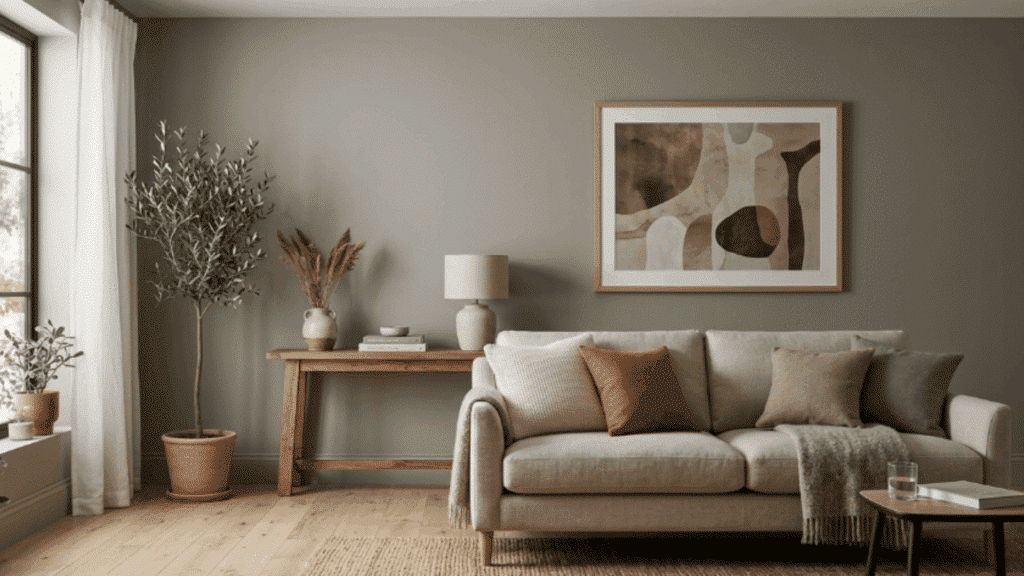 modern living room with matte painted wall, gray sofa, wooden furniture, framed wall art, indoor plant, and soft natural light from window