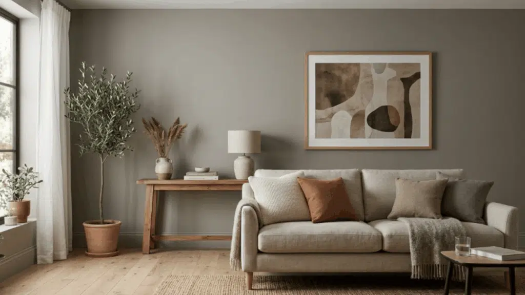 modern living room with matte painted wall, gray sofa, wooden furniture, framed wall art, indoor plant, and soft natural light from window