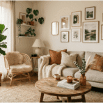 modern living room with neutral palette, plants, layered textures, and wall art.