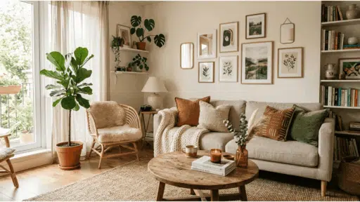 modern living room with neutral palette, plants, layered textures, and wall art.