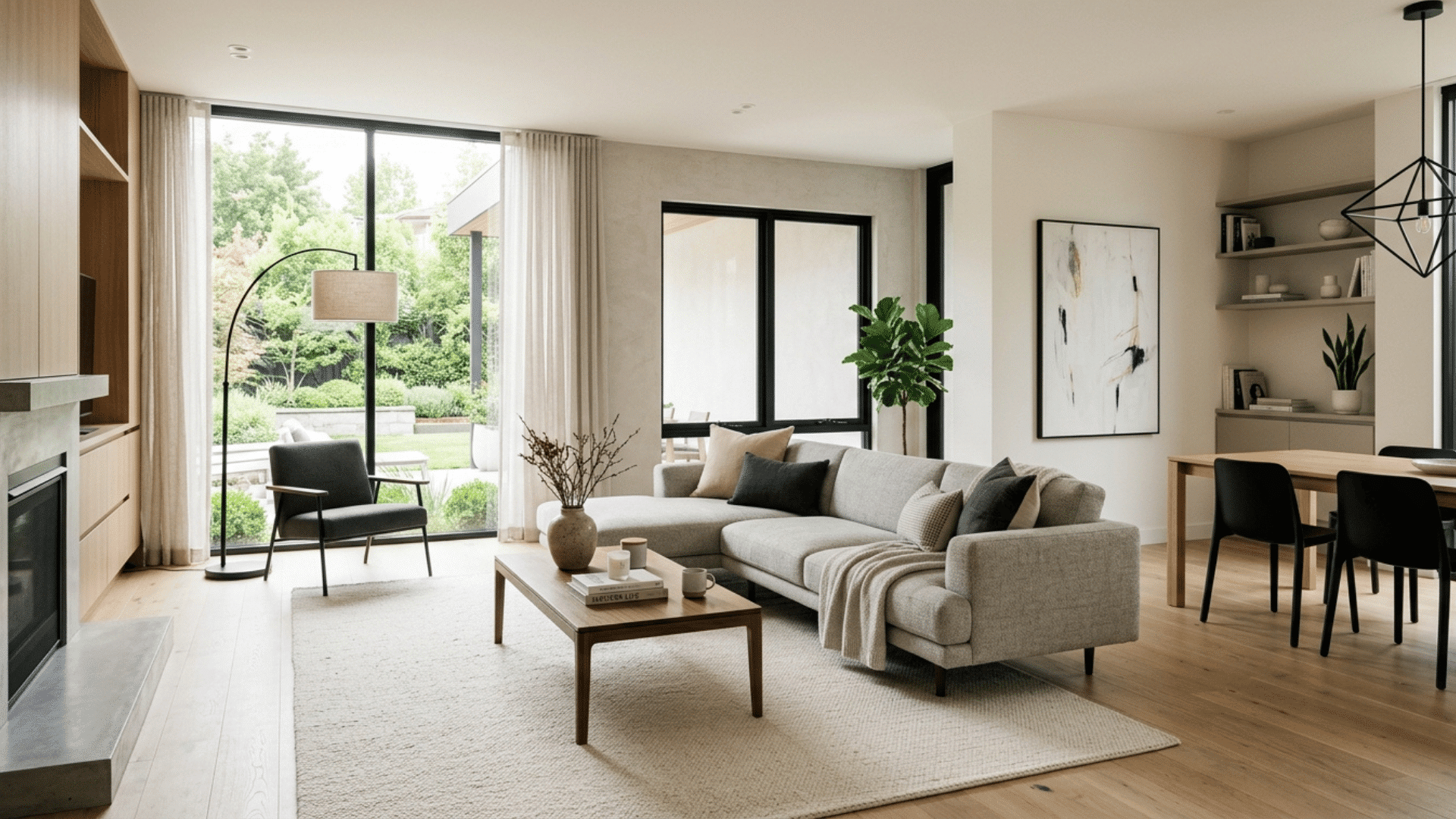 modern living room with sleek furniture, neutral colors, and large glass windows.