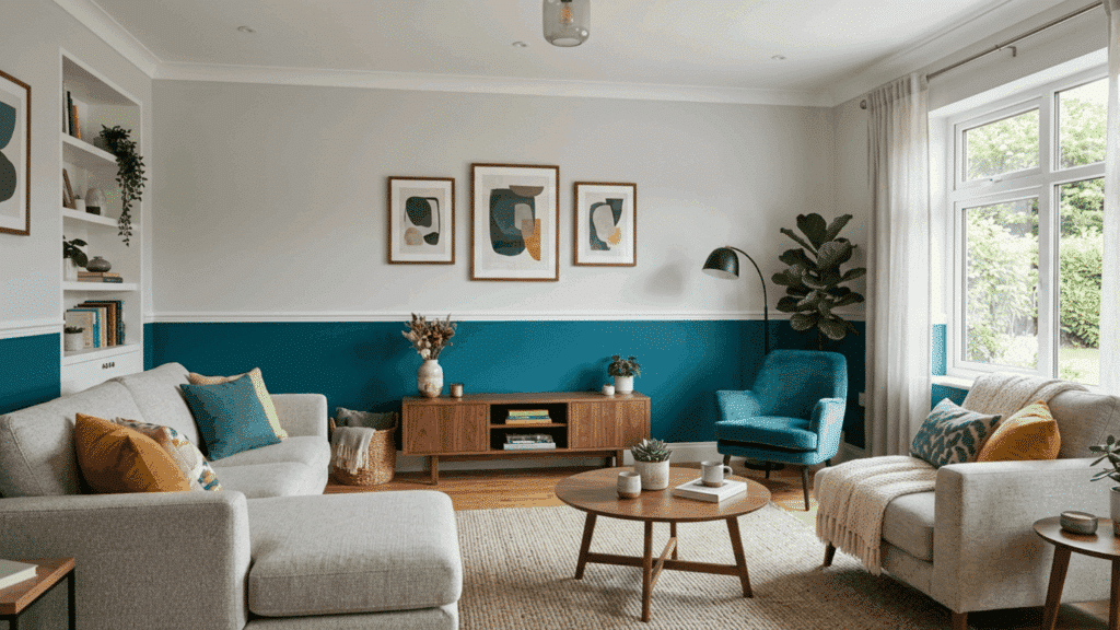 modern living room with teal lower wall and light gray upper wall styled with clean-lined furniture and simple decor