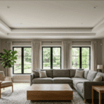 modern living room with tray ceiling featuring clean layered design and neutral interior styling