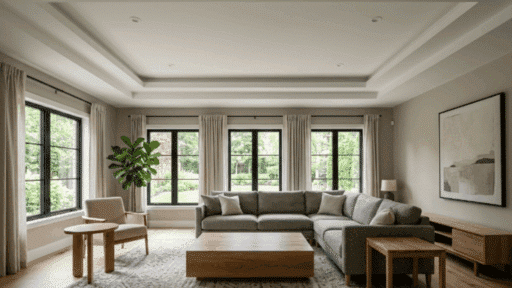 modern living room with tray ceiling featuring clean layered design and neutral interior styling