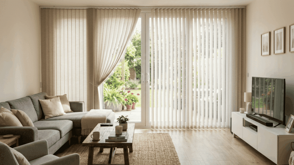 modern living room with vertical blinds covering sliding glass doors, neutral decor, and balanced natural light