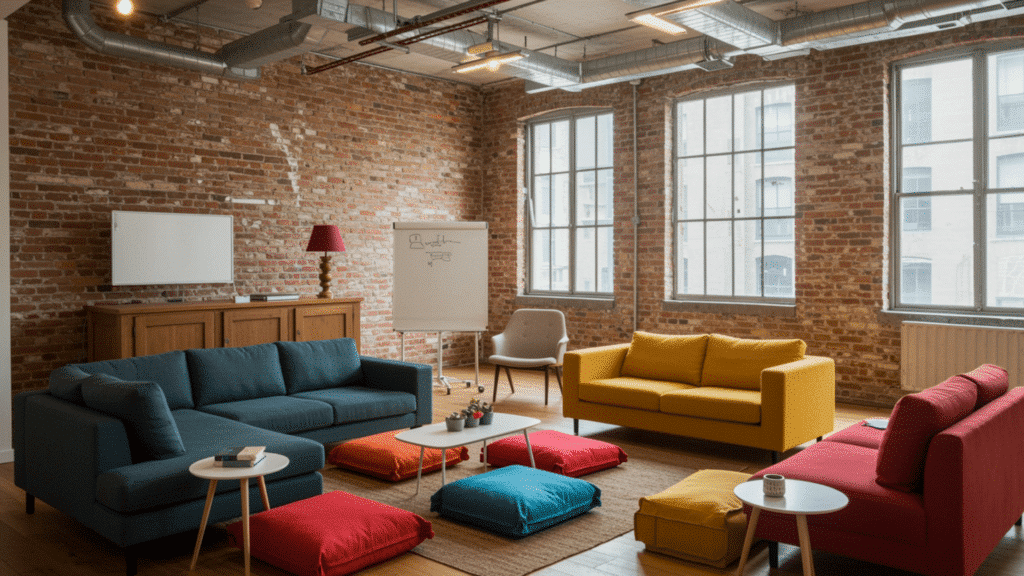 modern lounge style office with colorful sofas, floor cushions, exposed brick walls, large windows, and casual meeting setup