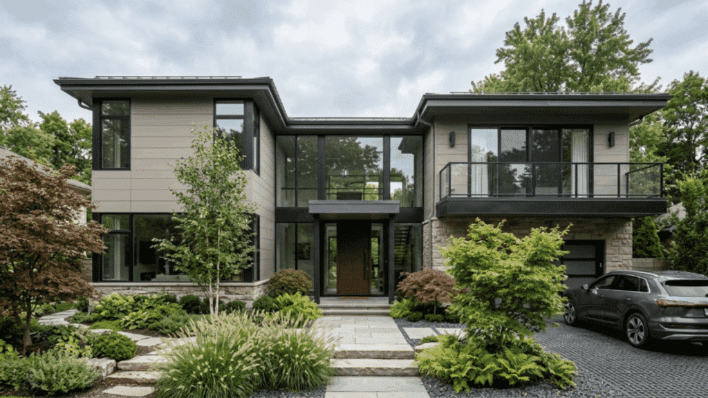 modern luxury home with greige siding black window frames large glass panels minimal landscaping daylight