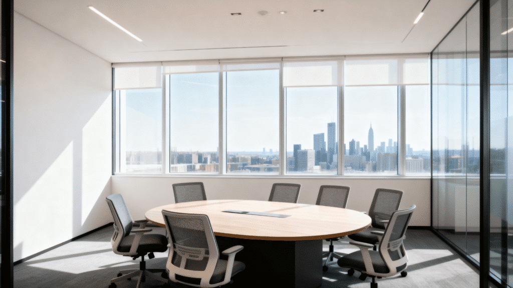 modern meeting room with round table and chairs near large windows overlooking city skyline in bright workspace