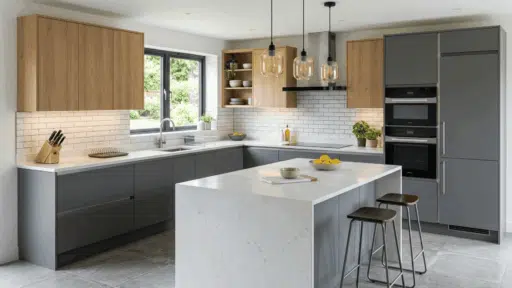 modern modular kitchen with grey and wood cabinets, island seating, pendant lights and bright natural lighting