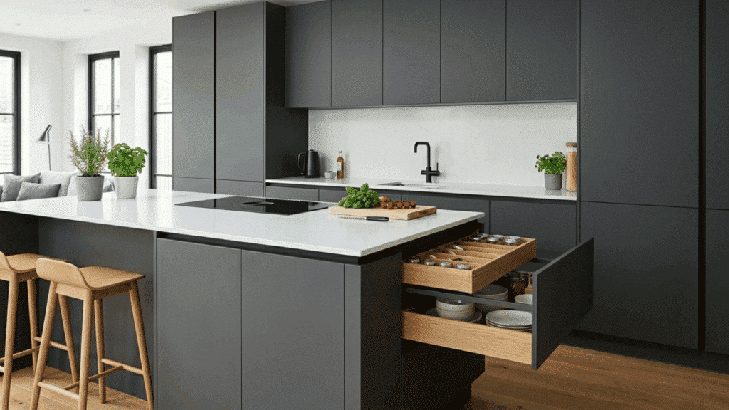 modern modular kitchen with sleek cabinets, hidden drawers, seamless design, clutter free counters and minimal look