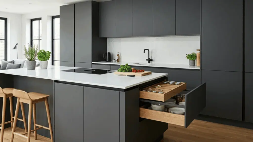 modern modular kitchen with sleek cabinets, hidden drawers, seamless design, clutter free counters and minimal look