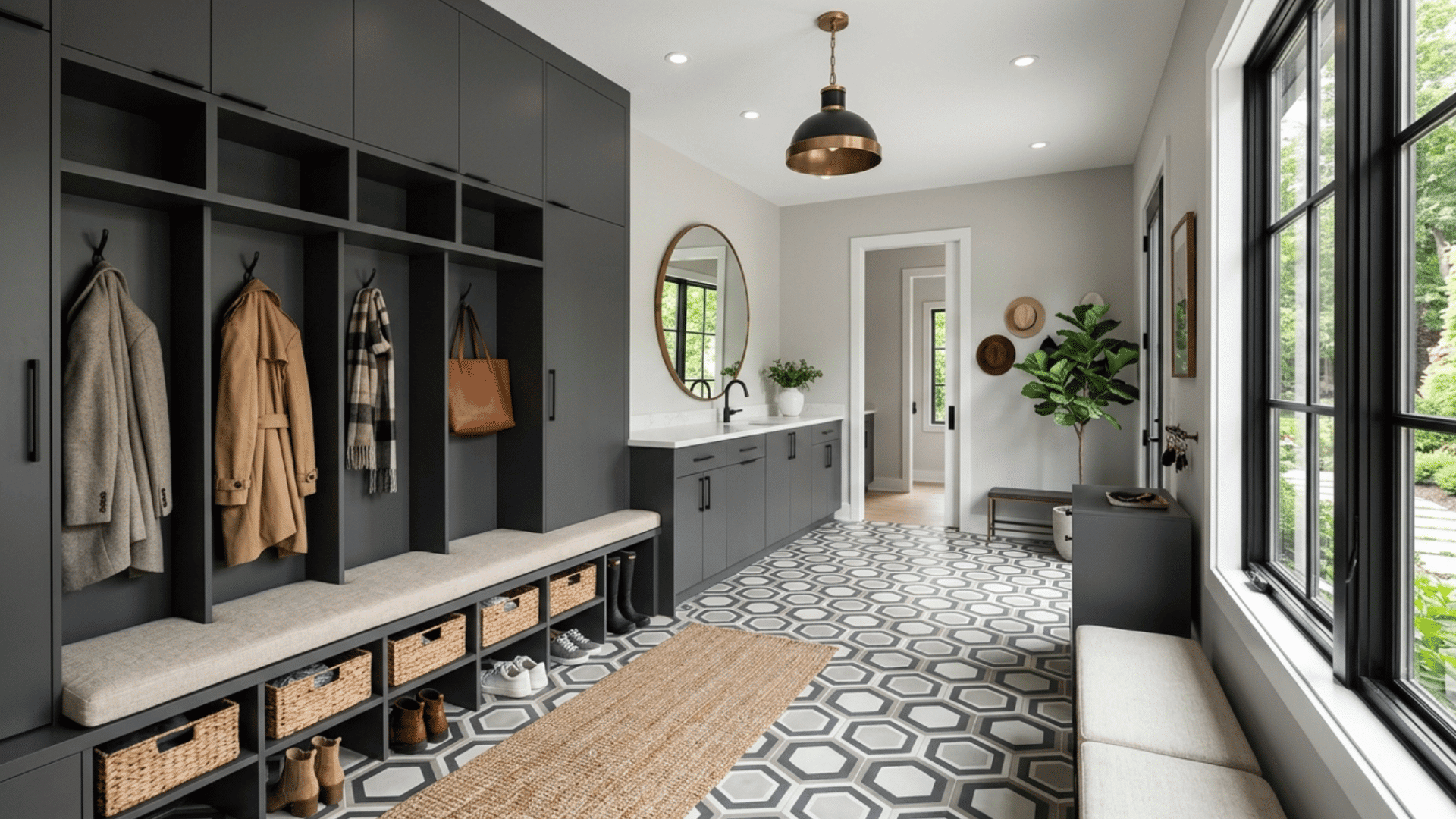 modern mud room with black colour designer patterned tile flooring
