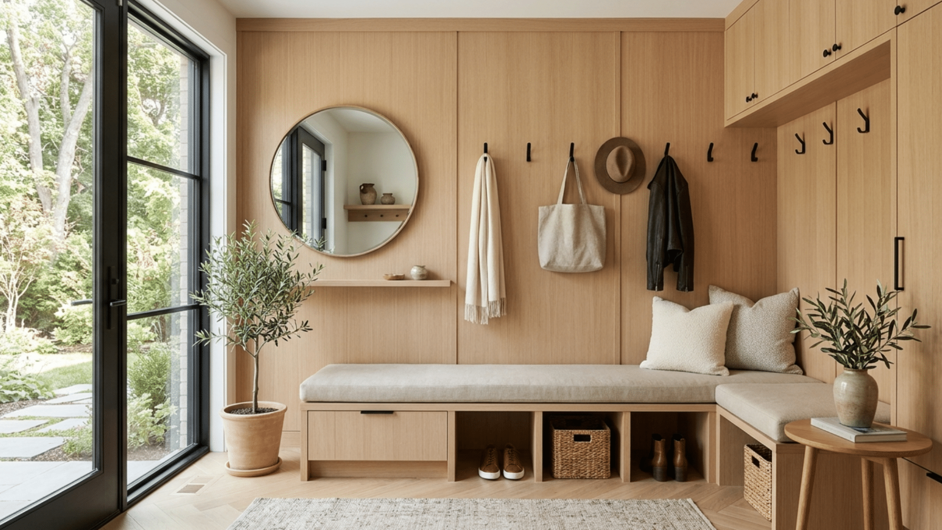 modern mud room with built in bench and soft neutral cushion seating