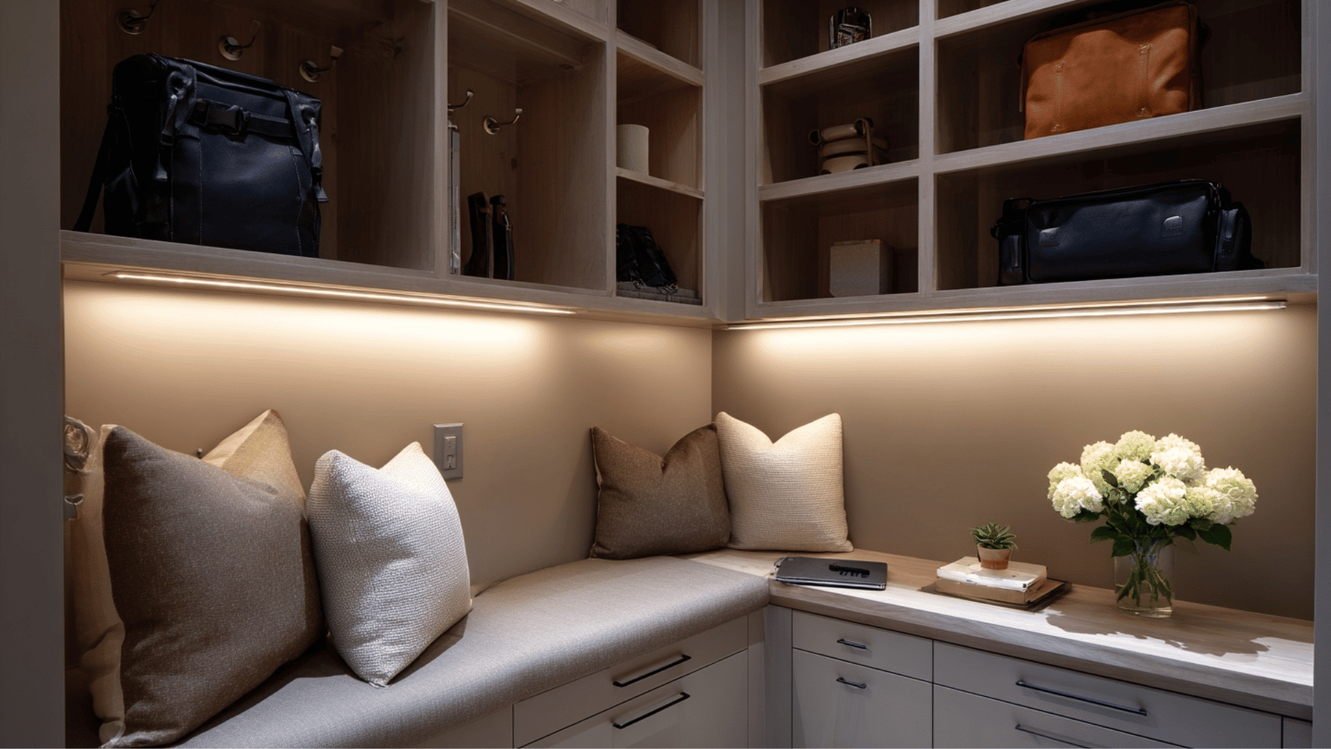 modern mud room with built in charging station and clean setup